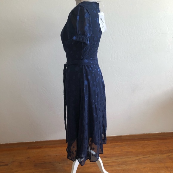 NY Collection see through size PM dark blue short sleeves belt prom dress - Picture 2 of 13